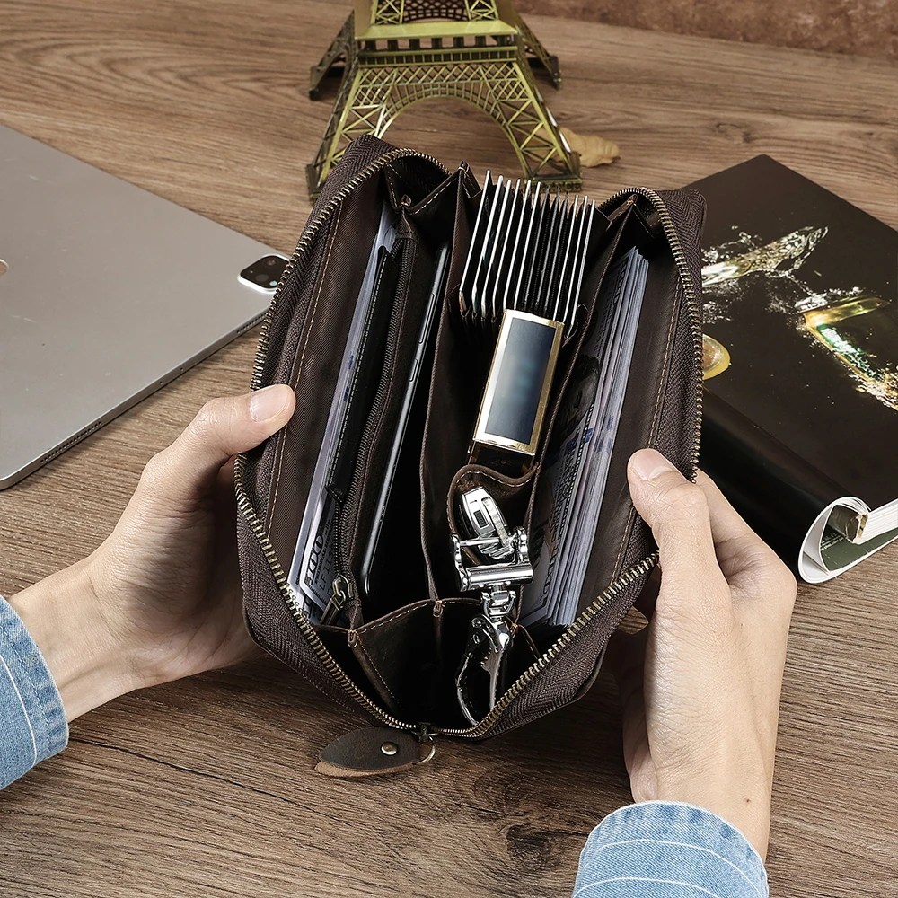 Cartera-Chequera De Cuero Sintético Para Hombre - Con Cremallera, Grande, Para Negocios