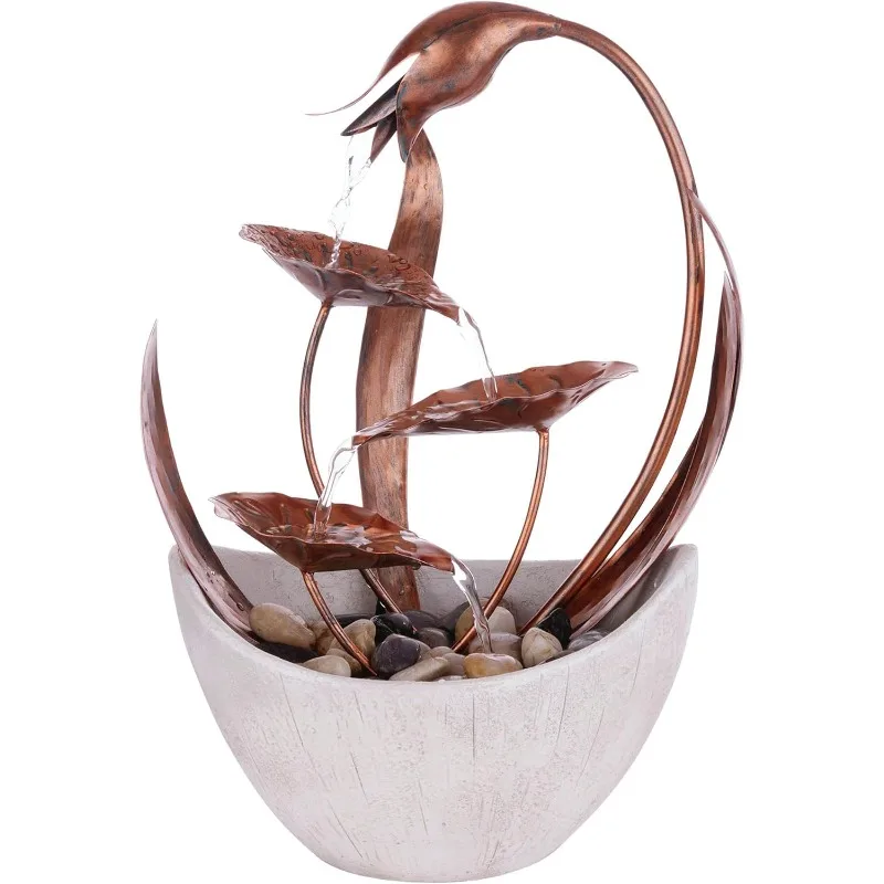 ZEN918 Indoor Tabletop Multi-Tiered Metal Falling Leaves Water Fountain with Stone-Filled Base, 14" 2