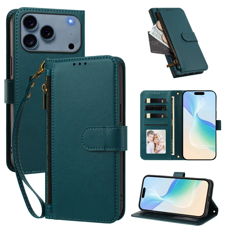 Luxurious Zipper Leather Wallet Phone Case with Wrist Strap and Card Slots