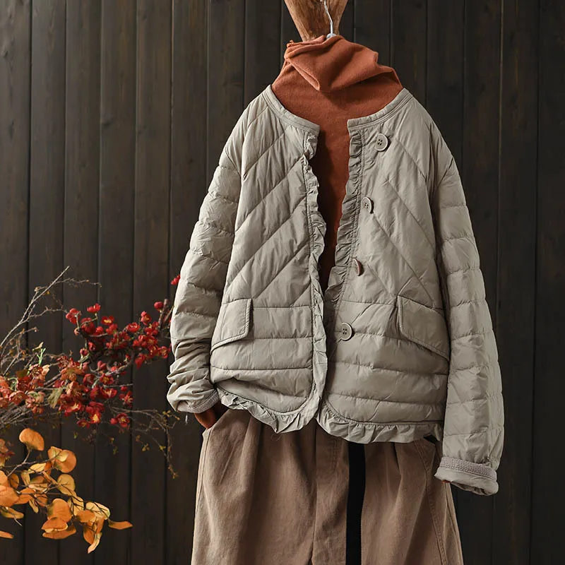 Ruffles Bigsize Down Jacket 2023 Autumn Winter Women Warm Light White Duck Down Coat Ladies Casual Puffer Parkas Short Outwears