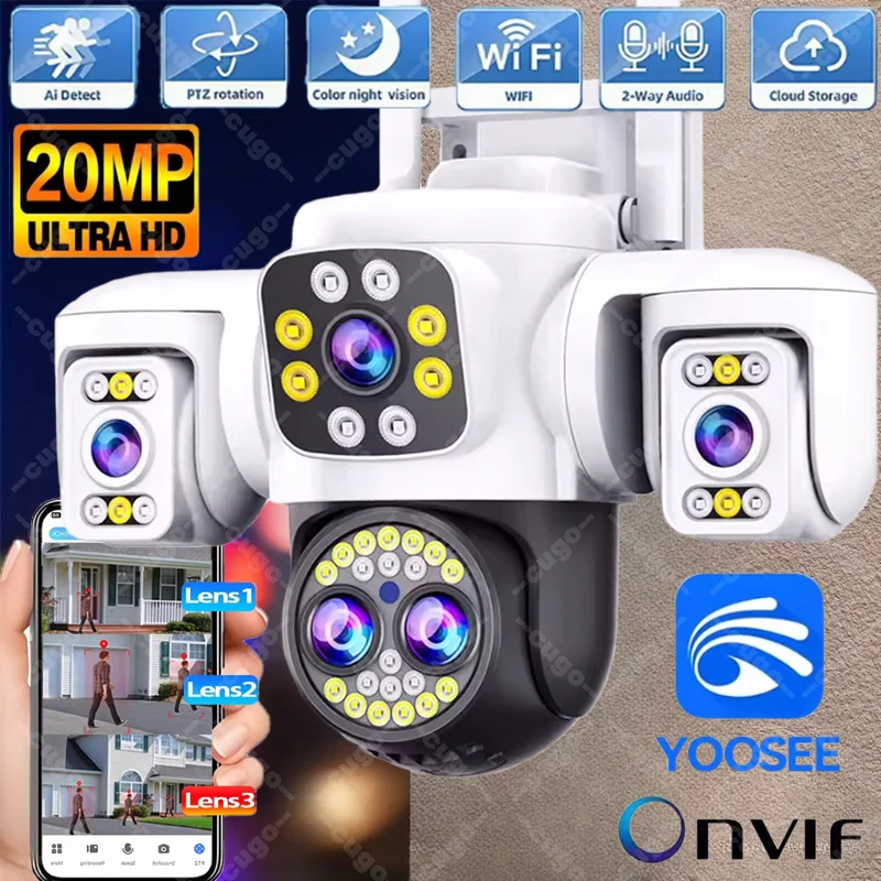 Caméra WiFi de sécurité extérieure 10K à quatre objectifs, triple écran, zoom 10X, 360° ° Caméras de surveillance CCTV Yoosee 20MP 1 Caméra WiFi de sécurité extérieure 10K à quatre objectifs, triple écran, zoom 10X, 360° ° Caméras de surveillance CCTV Yoosee 20MP 1