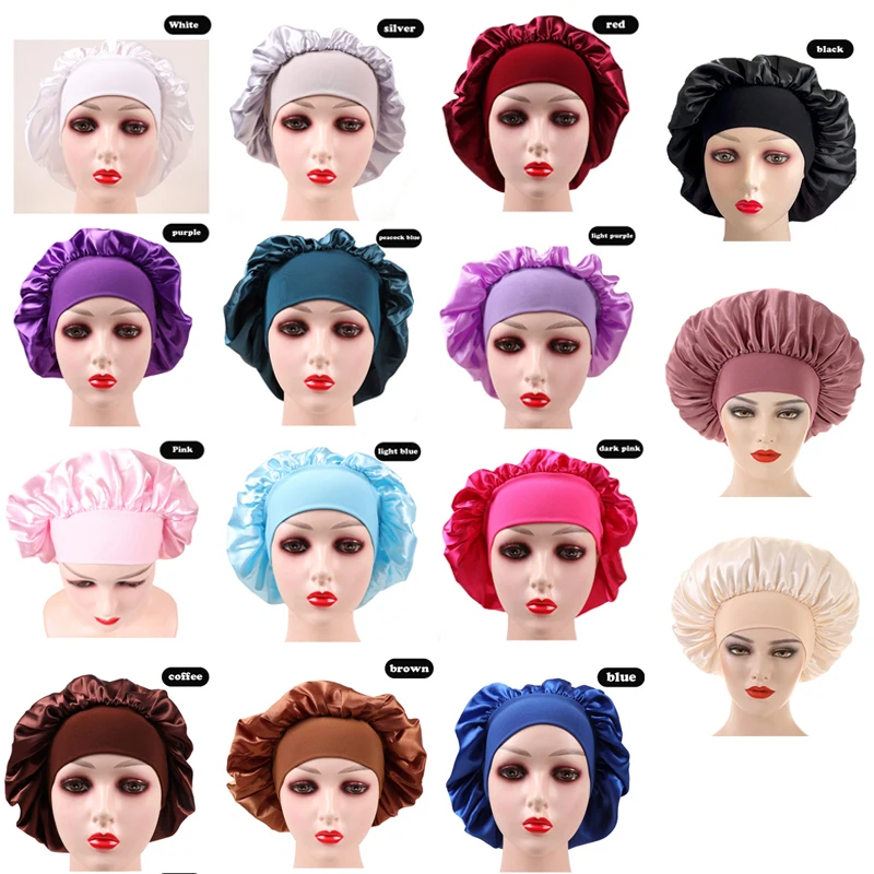 Satin Silk Hair Bonnets For Sleeping Black Widesoft Band Satin Sleep Cap For Women Hair Wrap Curly Baby Pink Showercap