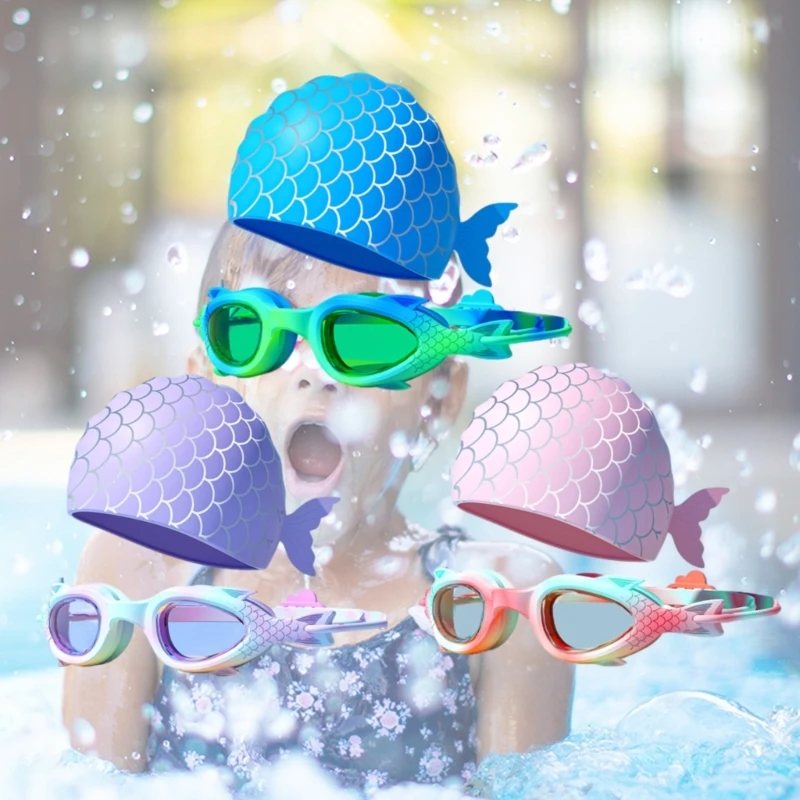 

Swim Goggles Swim Caps Set for Kid, Resistant Kids Swimming Goggles Silicones Swimming Caps for Boy Girl Swimming