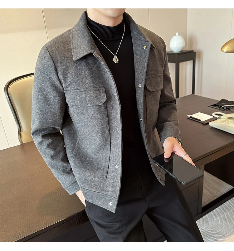 Description Picture 3 of itemAutumn/Winter Men Slim Fit Wool Classic Solid Color Jacket High Quality Business Casual Woolen Jackets Fleece British Style Coat