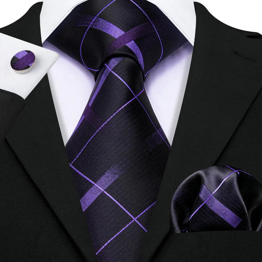 New Purple Black Plaid Silk Necktie For Men Classic Woven Fazzoletto Gemelli Set Business Party Designer Barry.Wang 6648