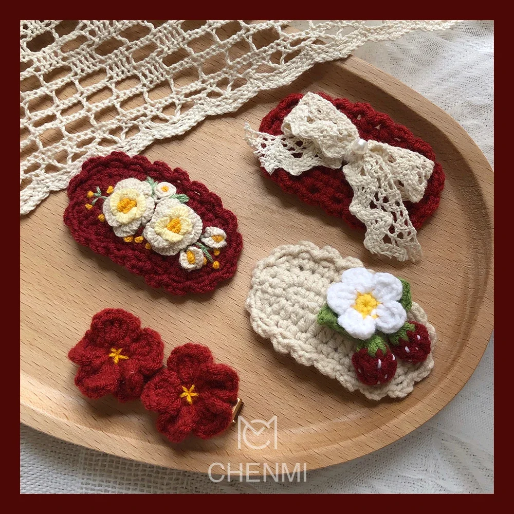 1 Pcs Pure Handmade Red Woolen Knitted Bow Hairpin Bangs Clip Girl Flower BB Clip Side Barrettes Hair Accessories 4