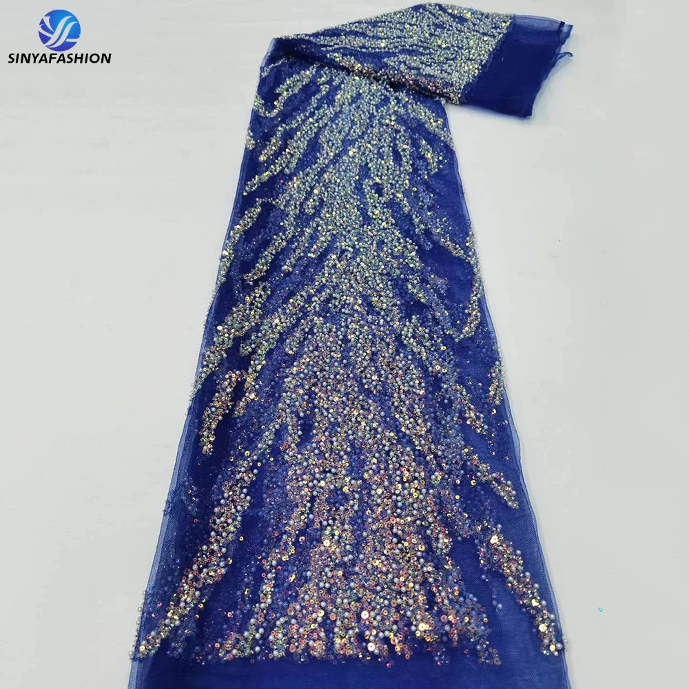 

Sinya Royal Blue Pearls Sequins Beads French African Nigerian Wedding Bridal Luxury Lace Fabric High Quality Beaded Lace Dress