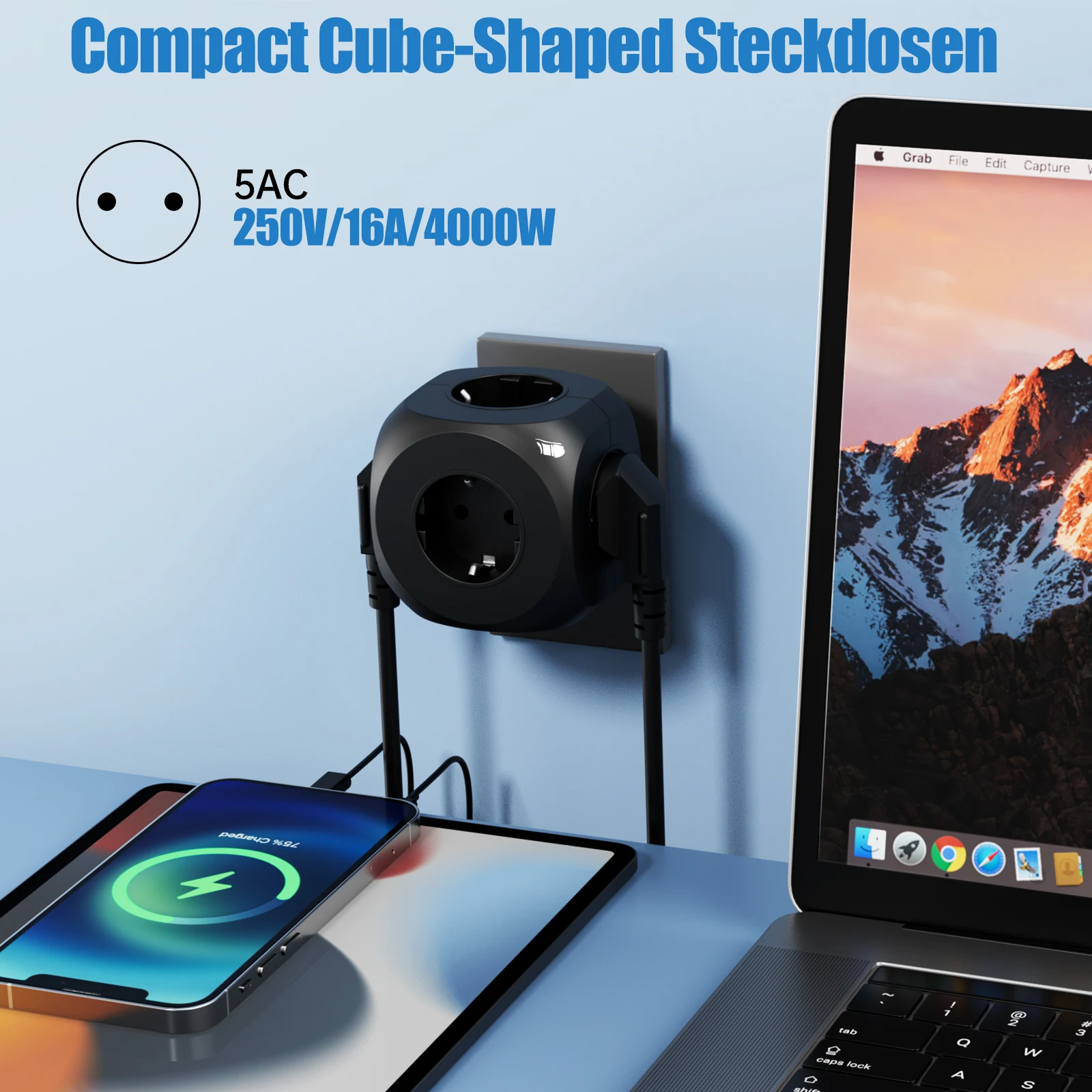 Versatile 5-in-1 Wall Mounted European Plug Power Strip - 4000W Capacity