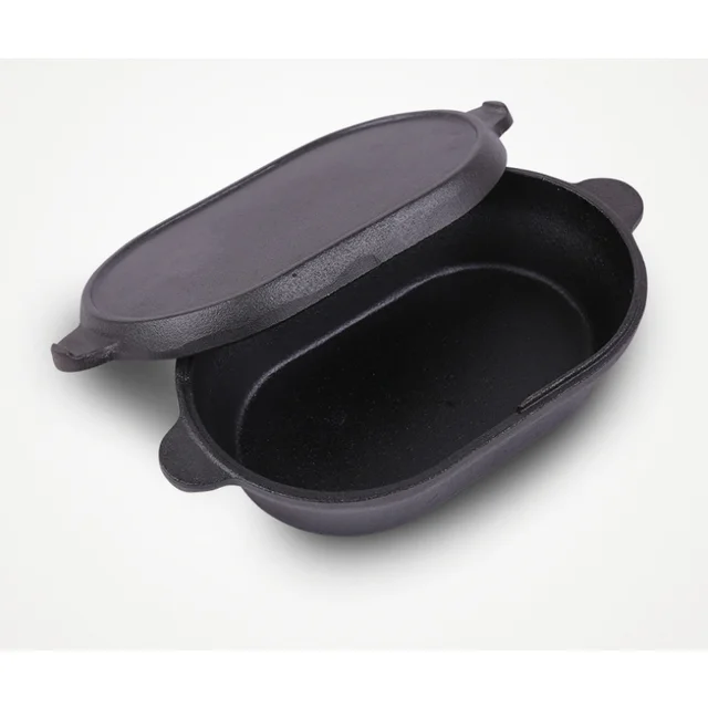 Cast iron oval frying and stewing dual purpose pan flat bottom cover frying pan stewing meat