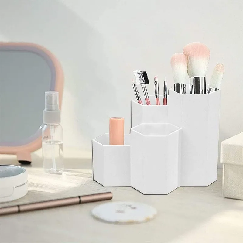 Hexagonal Makeup Brush Holder Desk Pen Storage Organizer for Office Supplies Bathroom Countertop Cosmetics Durable Container