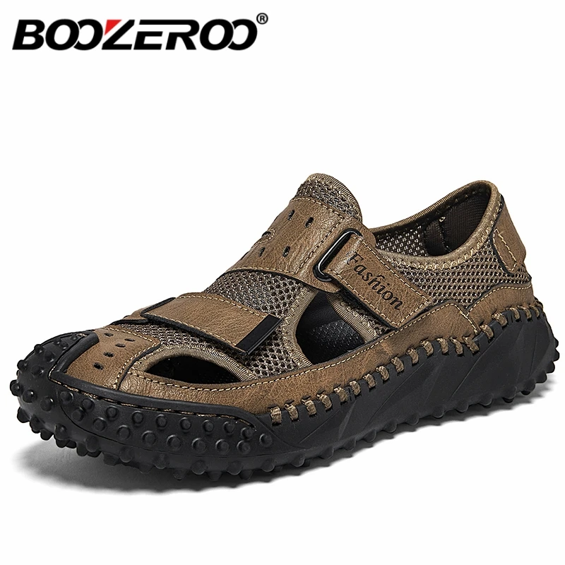 

BOOZEROO Men's Genuine Leather Sandals Summer Men's Outdoor Casual Lightweight Sandals Fashion Comfortable Durable Sports Shoes