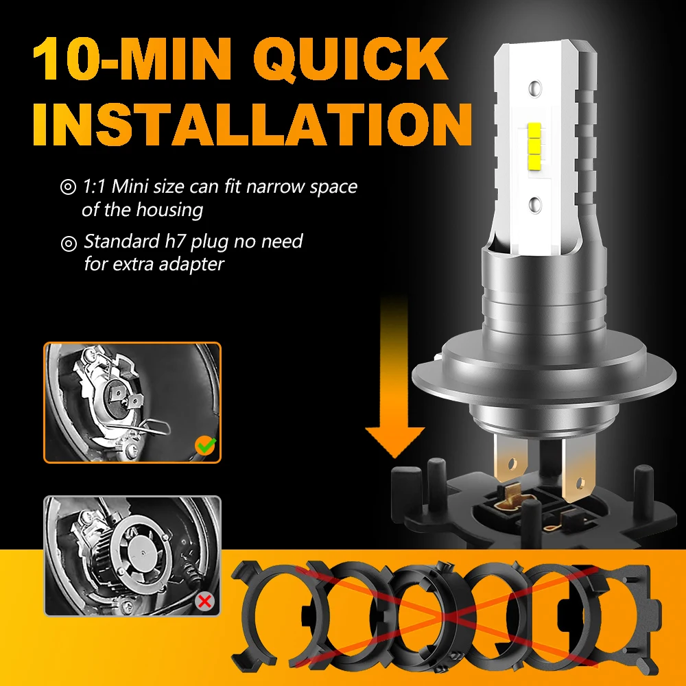 H7 Headlight Bulb Fanless Halogen Size Car Led Lamp 8 Pcs CSP Led Chips Headlamp 12000lm 6500K White 12V MZGN 2Pcs