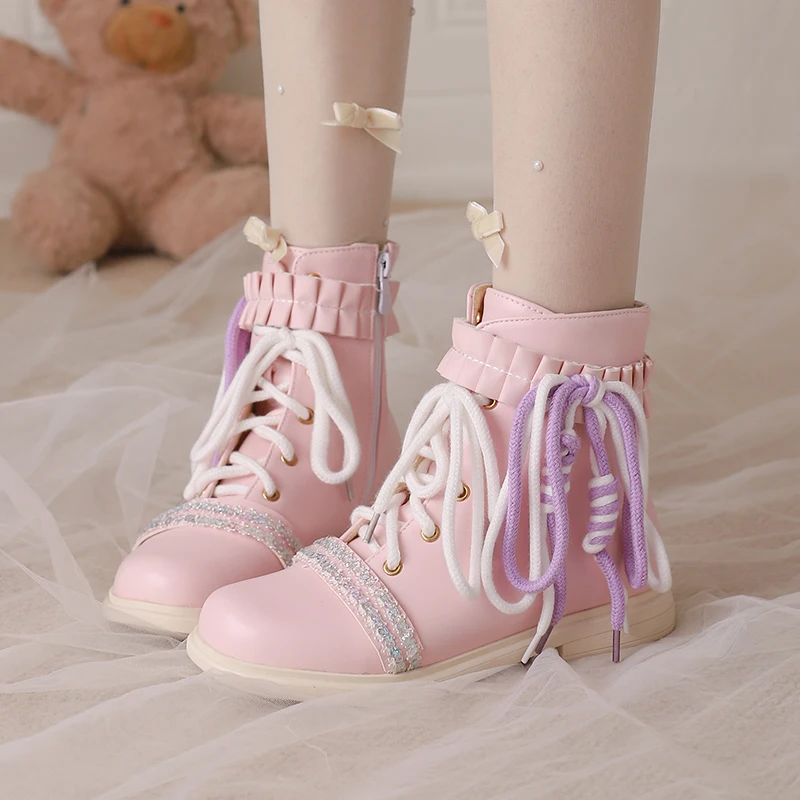 

Autumn Lolita Style Sweet Shoelace Weaving Short Boots Ladies 2023 Low Heel Cross-tied Zipper Party Women Shoes White Black Pink