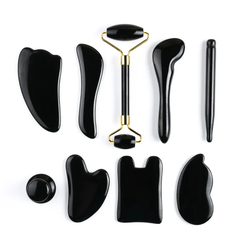 Natural Black Obsidian Gua Sha Roller Set Facial Lift Massager Jade Stone Skin Scraper Body Anti-cellulite Relax Acupuncture Pen thick horn gouache scraper face gua sha massage beauty tool facial eye lifting acupuncture therapy remove wrinkles skin detox