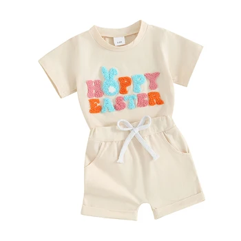 Toddler Girl Easter Outfits Fuzzy Letter Bunny Embroidery Short Sleeve T-Shirts Elastic Waist Shorts 2Pcs Summer Clothes Set
