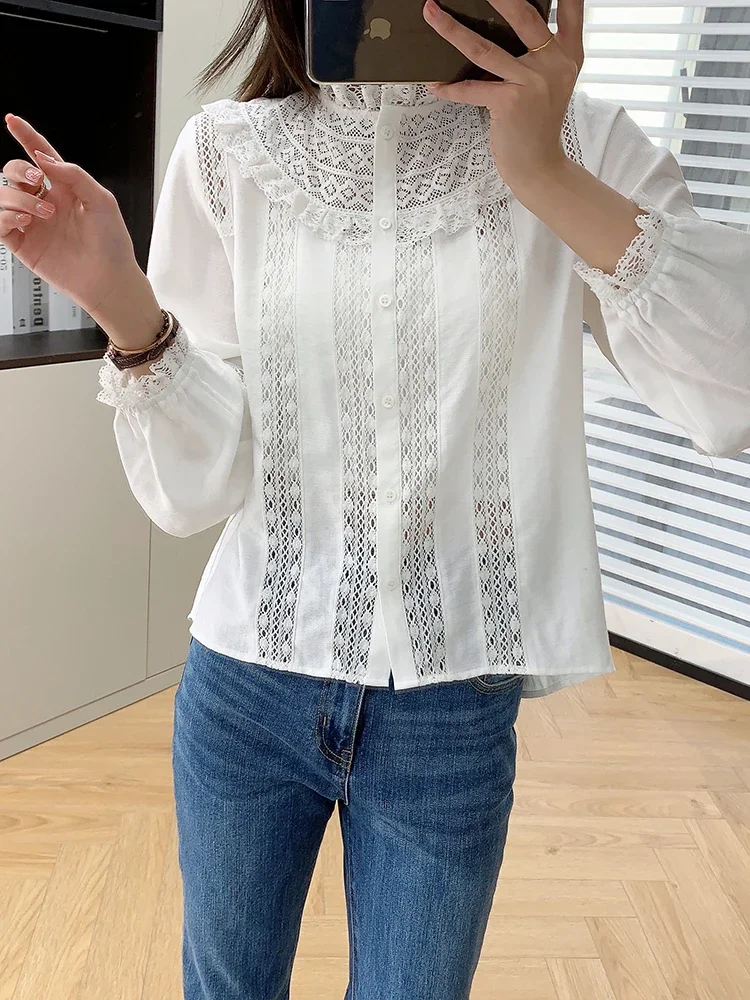 GypsyLady Boho Elegant Chic Blouse Shirt Cotton Patchwork Hollow Out Women Blouse Long Lantern Sleeve Ladies Casual Top Shirts