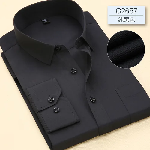 8XL 퓨어 컬러 오피스 포멀 비즈니스 소셜 워크 클래식 셔츠, 남성용 긴팔 셔츠, 캐주얼 남성용 흰색 드레스 셔츠, 검정색 4