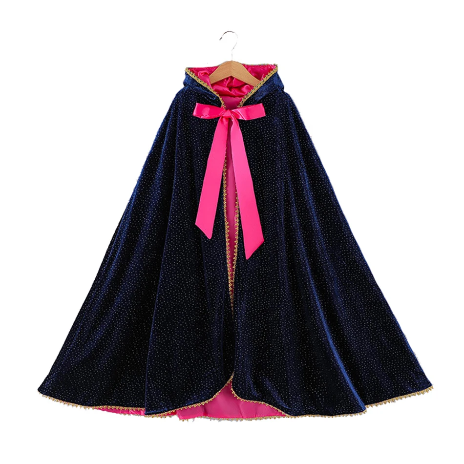 Anna Role Play Princess Hooded Cape Girl Print Cloak Kid Cosplay Birthday Carnival Halloween Party Charm Shiny Costume Accessory