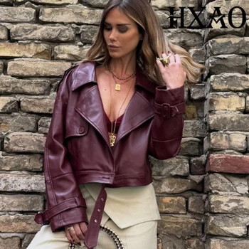 HXAO سترة جلدية صناعية معطف نسائي ديمي الموسم اقتصاص سترة واقية معطف طويل الأكمام زر أسود دراجة نارية سترة امرأة 2