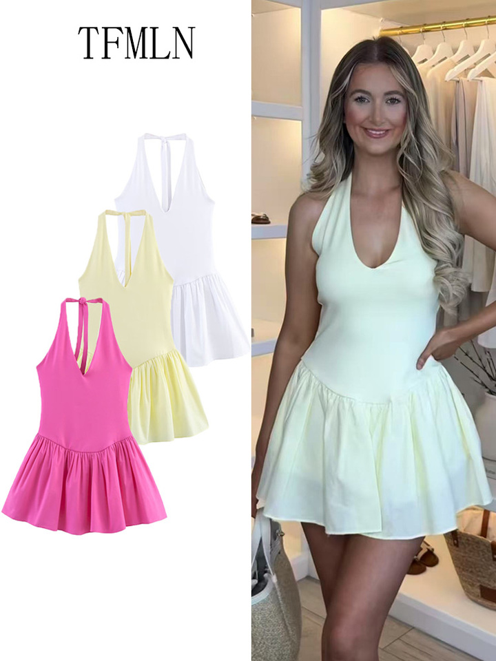 TFMLN New Summer Sexy Backless Halter Mini Dress 2025 Solid Sleeveless Spliced ​Lace Up Dress Elegant Pleated Slim Trendy Dress