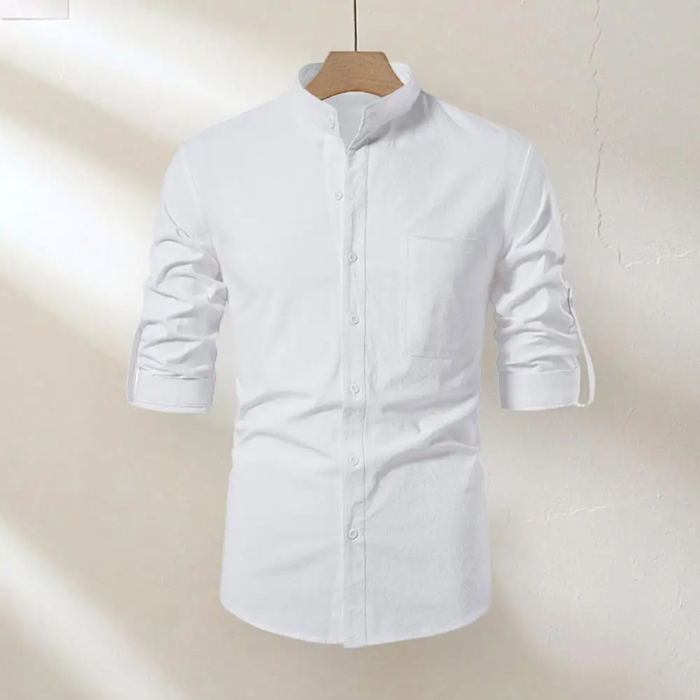 Casual Summer Shirt Men's Slim Fit Stand Collar Shirt with Chest Pocket Soft Breathable Long Sleeve Top for Spring Fall for A