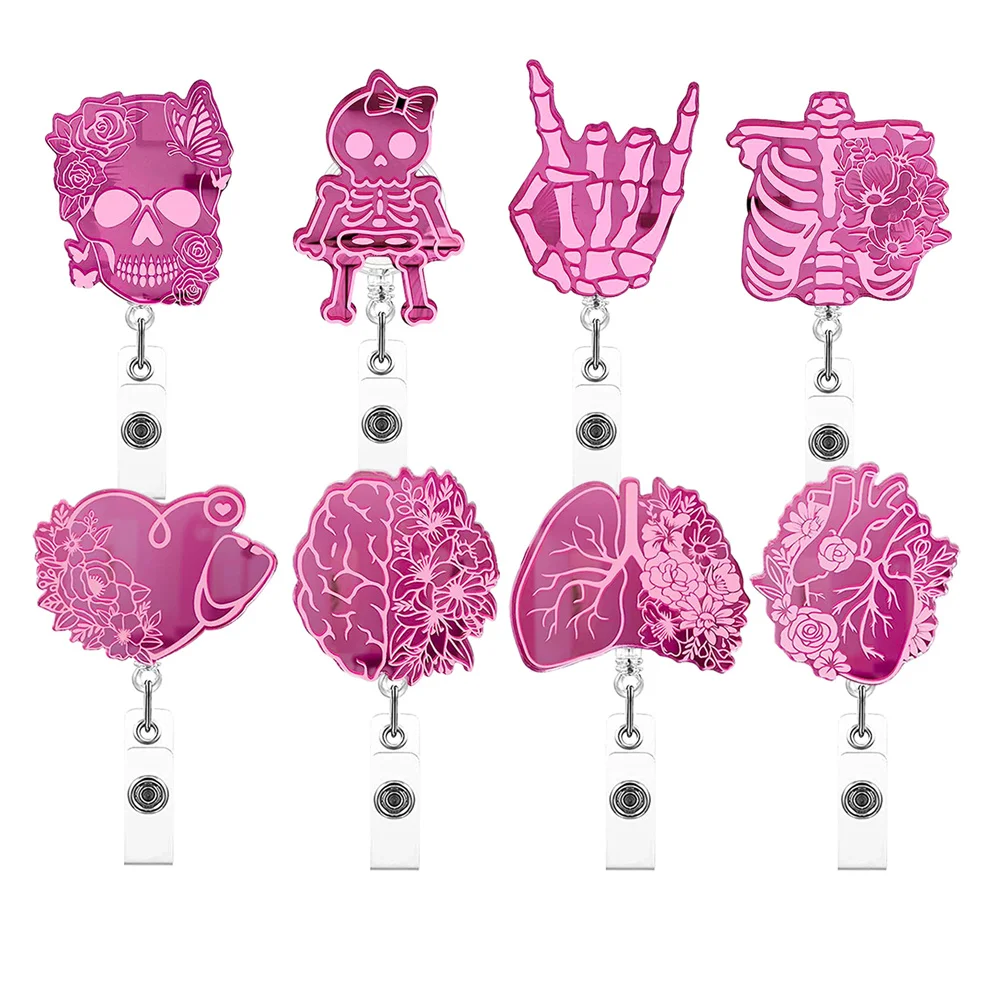 Unique Radiology X-ray Tech Badge Reel: Glittery Pink, Skeletons