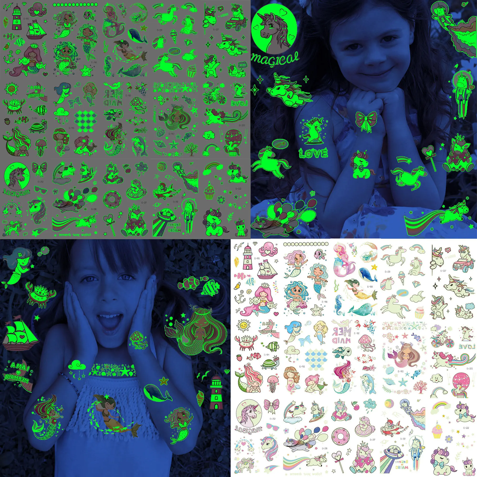 

Luminous Unicorn Temporary Tattoos For Girls Child Glow In Dark Mermaid Waterproof Fake Tattoo Sticker Teens Body Marine Tatoos