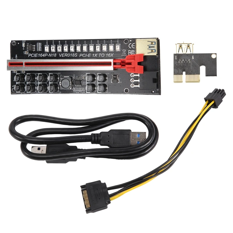 

NEW-VER018S Miner Card PCI-E 1X To 16X USB3.0 6PIN GPU Riser Card With 12 Capacitors And LED Lights For BTC Miner