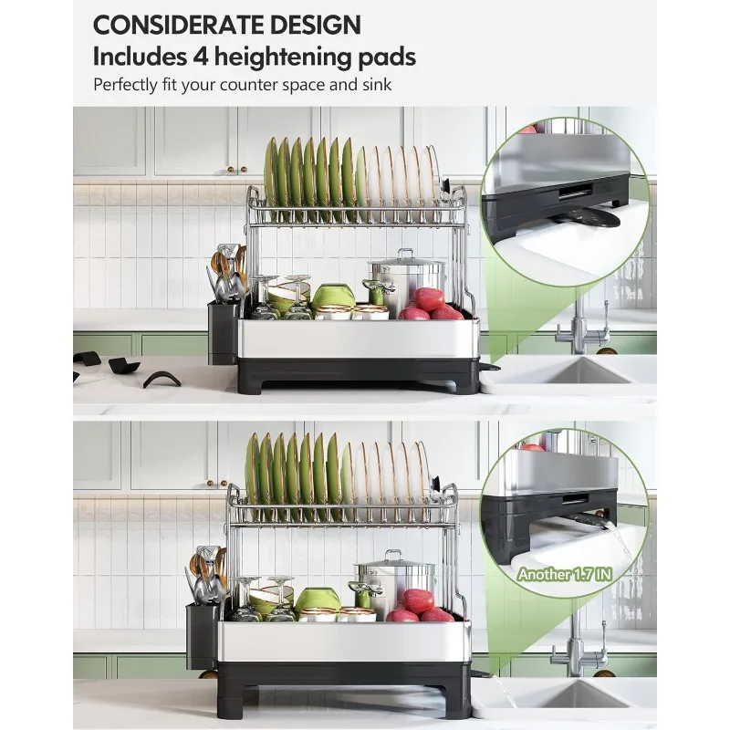 Stainless Steel Dish Drying Rack, Extra Large Dish Racks for Kitchen Counter, 2 Tier Dish Drainer and Drainboard Set 5