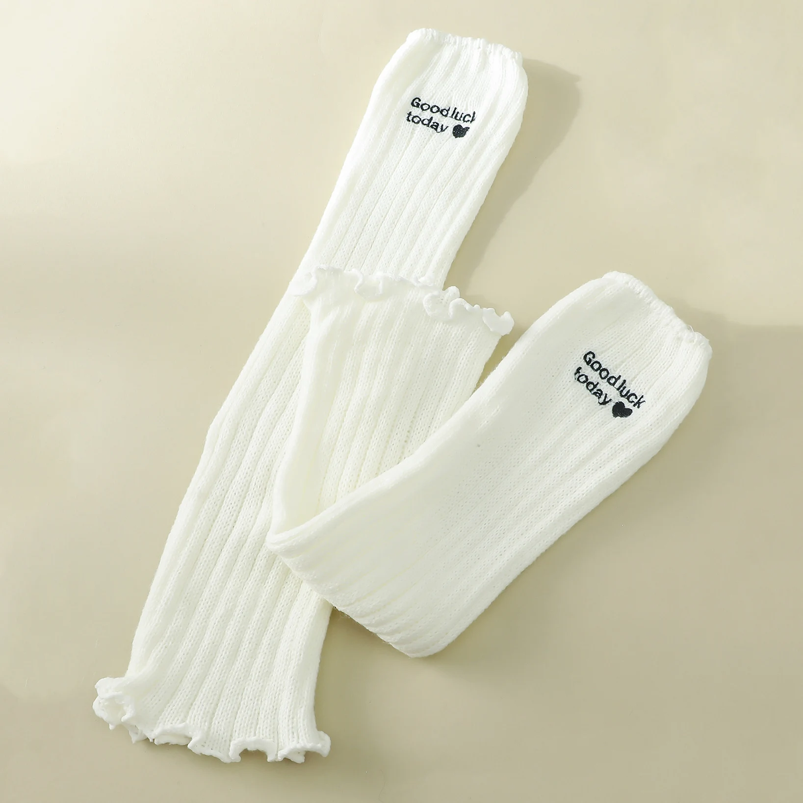 1 Pair Girl's Letter Embroidery Ruffled Knit Leg Warmers, Heart Pattern Trendy Comfy & Breathable Knee-High Boots Socks