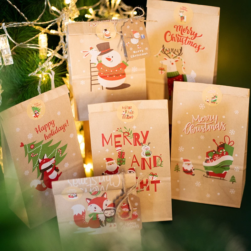 

24Sets Holiday Countdown Christmas Advent Calendar Cartoon Xmas Kraft Paper Party Favor Treat Bag Candy Gift Wrapping Supplies