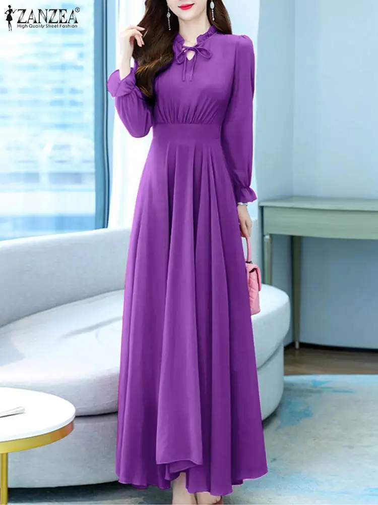 

ZANZEA Vintage Belted Neck Robe 2023 Autumn Solid Maxi Dress Korean Fashion Long Sleeve A-line Dresses OL Waisted Streetwear