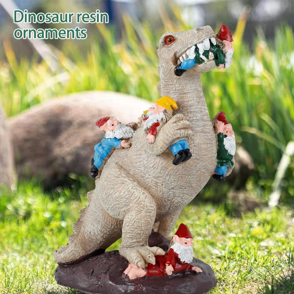 

Dinosaur Eating Gnomes Figurines Windproof Dwarf Statue Animals Sculpture Yard Art Decoration