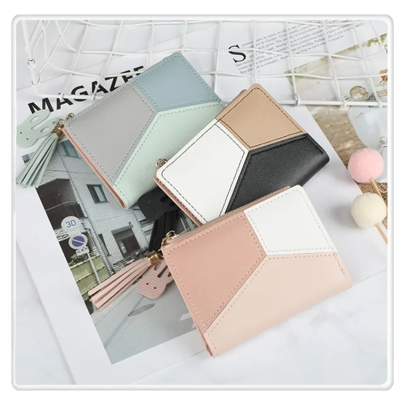 

New Splicing Color Two Fold Wallet Women's Short Zipper Money Clip Female Student Coin Wallet Card Bag