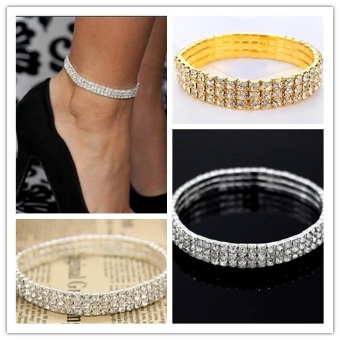 2022 New Fashion Silver Color Stretchy 3 Rows Bracelet Anklet Ankle Chain Rhinestones Foot Jewelry Crystal Bracelet Anklet 1 PC