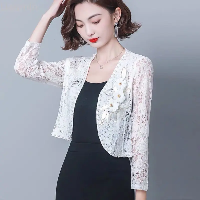

Spring And Summer Hollow Lace Small Outer Shawl Thin Section Sunscreen Cardigan Short Coat With Skirt Top Women Shrug