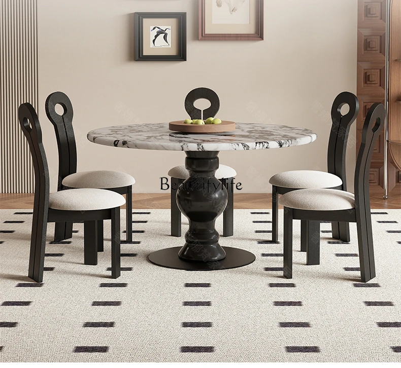 

Marble Dining-Table Chinese Ancient Style Small Apartment Home Retro Modern Solid Wood Simplicity round