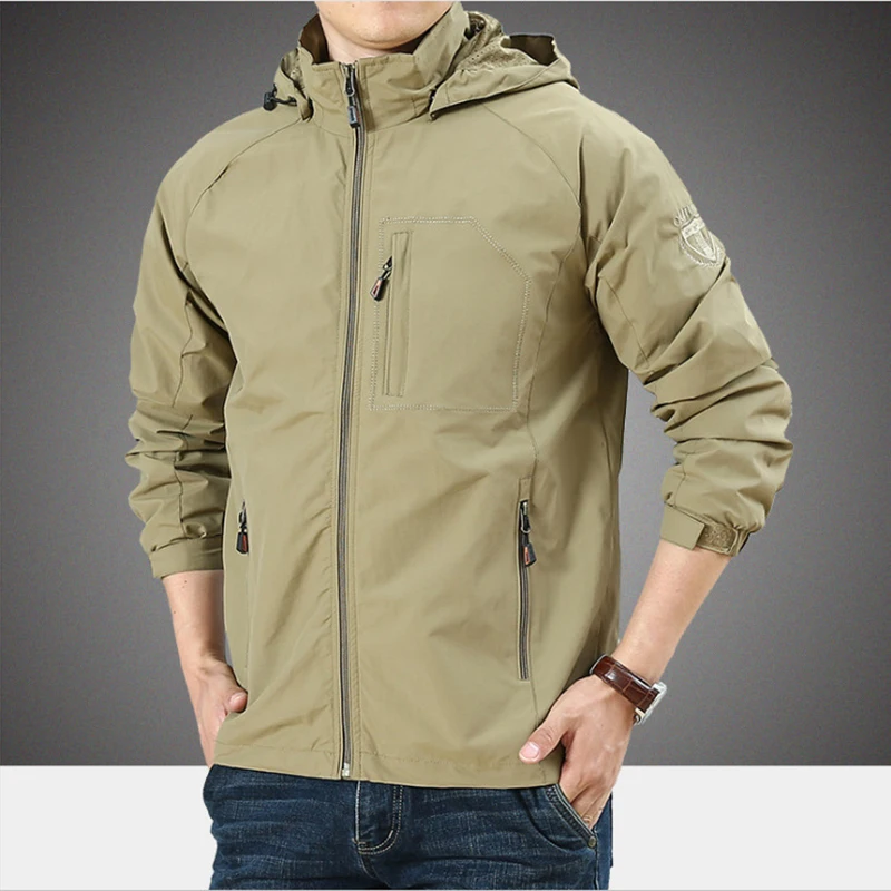 5XL Mens Outdoor Hiking Jackets Autumn Military Multi-pocket Tactical Safari Fishing Waterproof Hooded Thin Cargo Function Coat