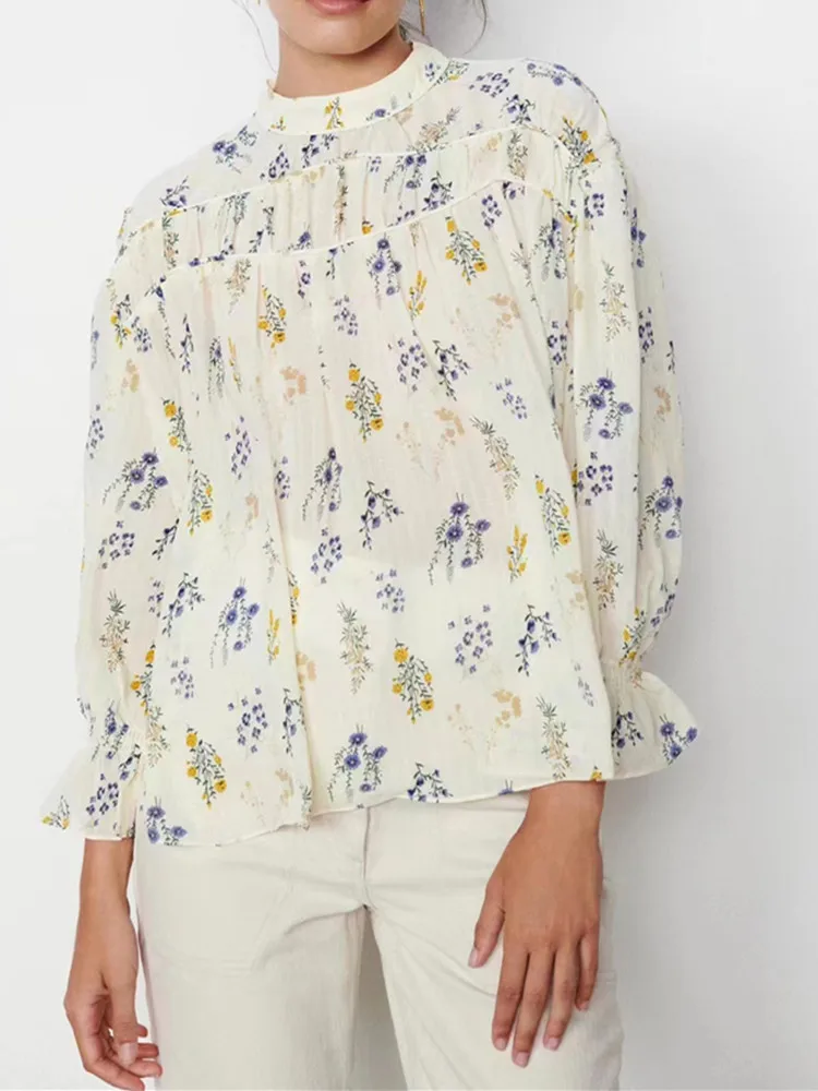 

Women Romantic Floral Printed Shirt Stand Collar Wrinkled Elastic Ruffle Cuffs 2023 Spring Summer Female Blouse