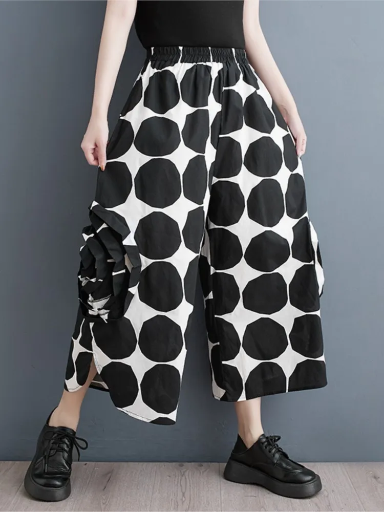 

Polka Dot Print Patchwork Pants Oversized Spring Women Wide Leg Loose Pleated Modis High Waist Ladies Trousers Korean Woman Pant