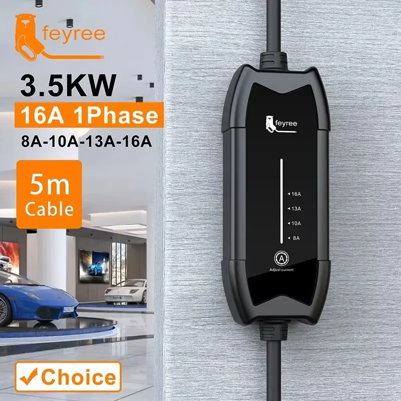 feyree EV Portable Charger 3.5kW Type2 Connector 16A Single Phase 5m Cable Current Adjustable for Electric Vehicle Car Charger