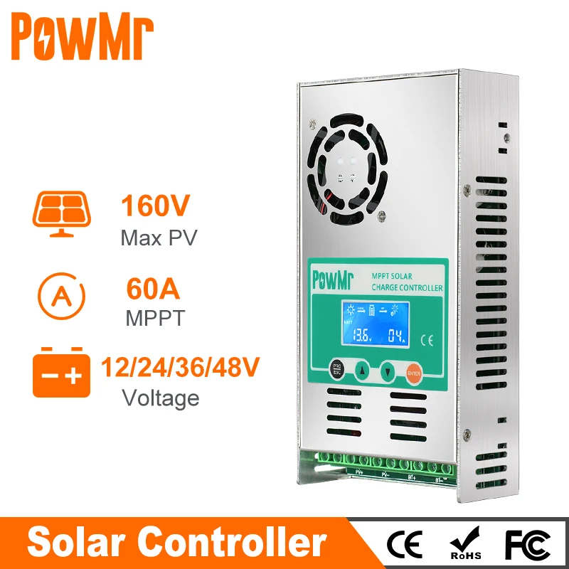 

PowMr MPPT 60A Solar Charge Controller Solar Panel Regulator 12V 24V 36V 48V Auto Max PV 160VDC For Lead Acid Lithium Battery