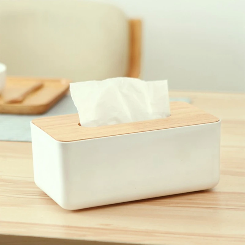 Plastic Tissue Box Wooden Lid Square Napkin Holder Container Wet Tissue Paper Dispenser Case Modern Home Car Organizer 3