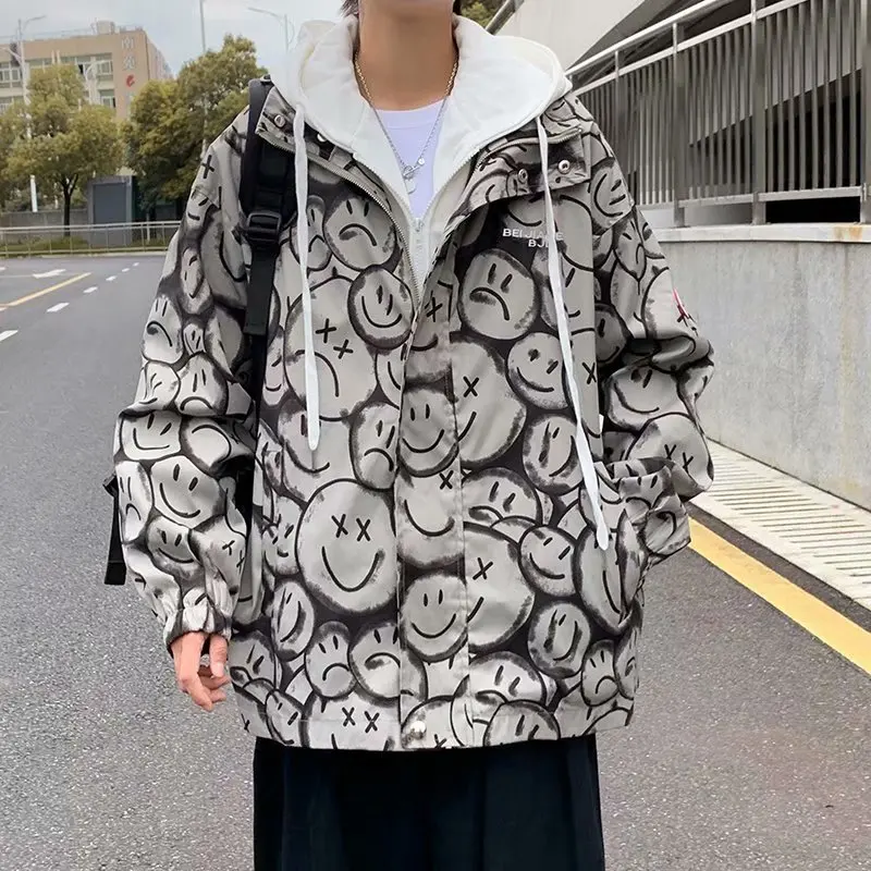 

Tooling jacket smiley retro men's coats spring autumn trench streetwear loose hip-hop printing tide brand fat casual jacket