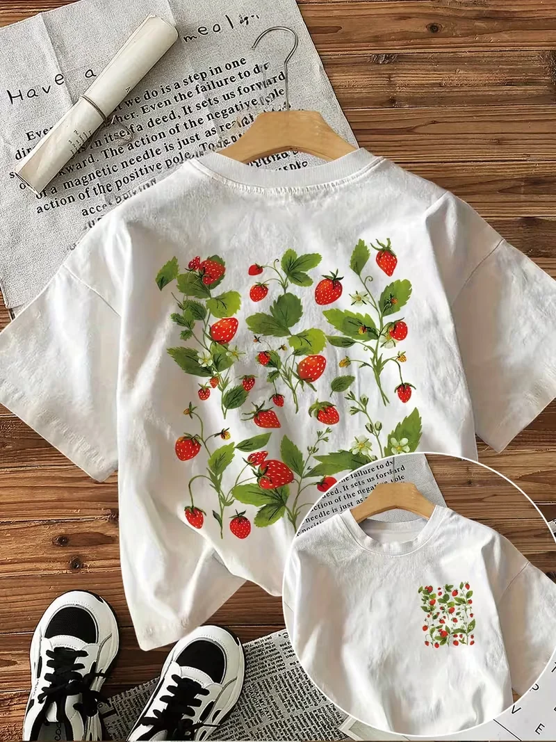 Strawberry Botanical Print T-Shirt,Women's T-shirt with Front & Back Design,Crew Neck Short Sleeve, Cottagecore Fruit Summer Tee 1