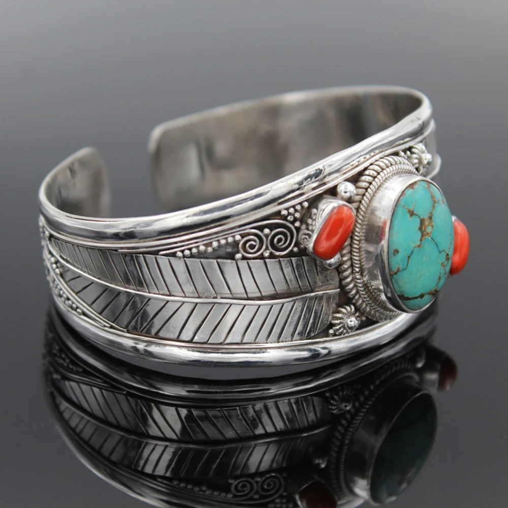 Stone Bracelet Antique Silver Color Leaf Red Blue Natural Stone Bracelet Bangle for Women Simple Open Bohemian Luxury