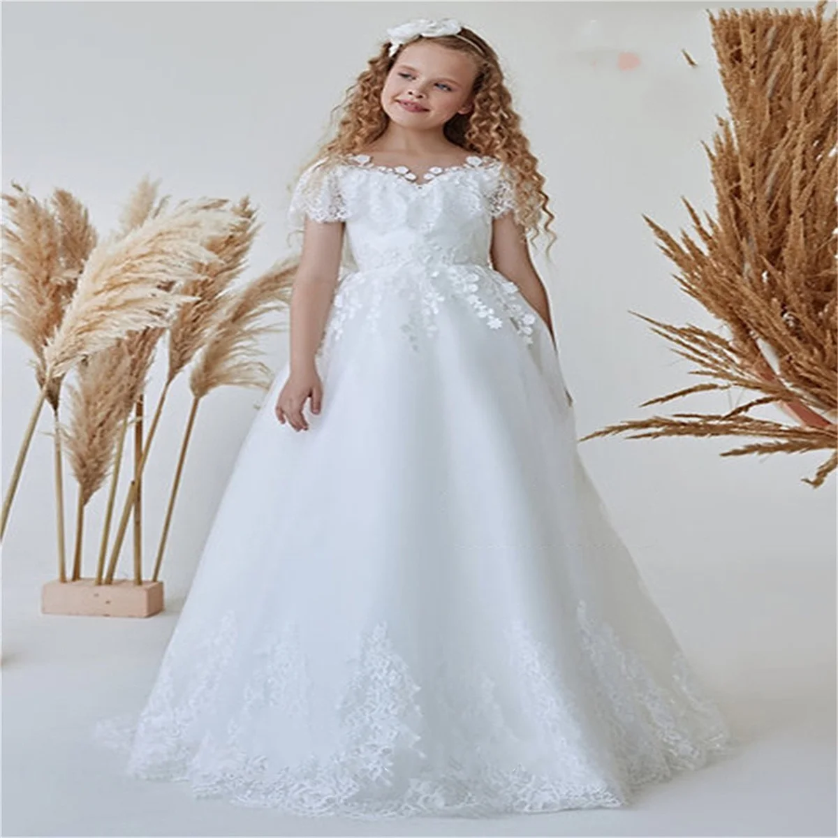 

Lace Flower Girl Dress White Fluffy Tulle Applique For Wedding Elegant Child's First Eucharistic Birthday Party Dress Ball Gowns