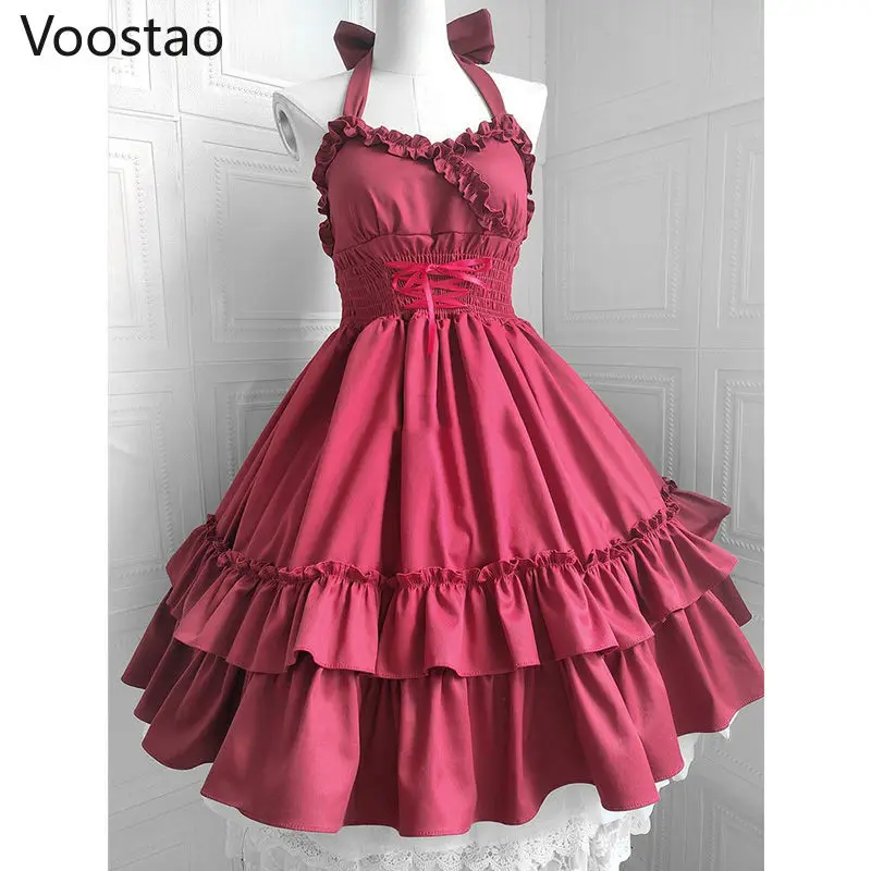 Vintage Lolita Jsk Dress Women Sweet Princess Dancing Party Slim Dresses Girly Cute Ruffles Halter Collar Wedding Dress