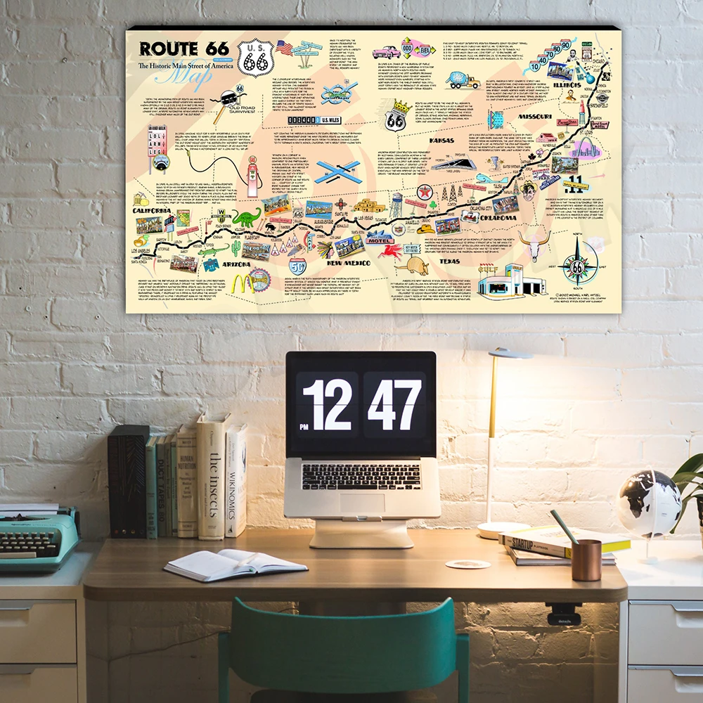 Route 66 Mappa Stampa-American Highway American Historical Marker - Classic American Highway Poster, Canvas Interior Decor