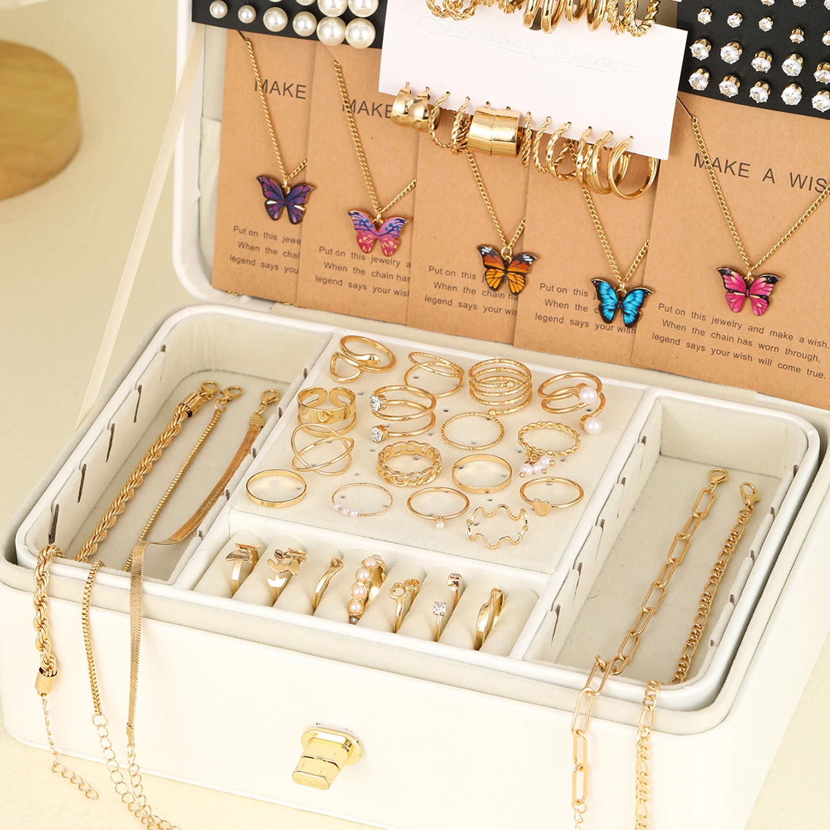 104 Pcs/Set Fashion Metal Pearl Zircon Earrings  Butterfly Necklaces Bracelets Rings Combinations Jewelry Sets For Women's Gifts